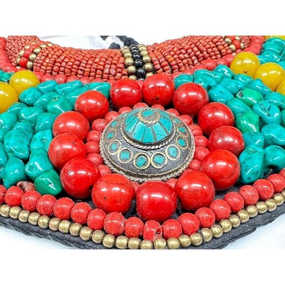 Tibetan Turquoise / Coral Beaded Neck Plate Bib  Necklace + Earrings - Picture 6 of 10